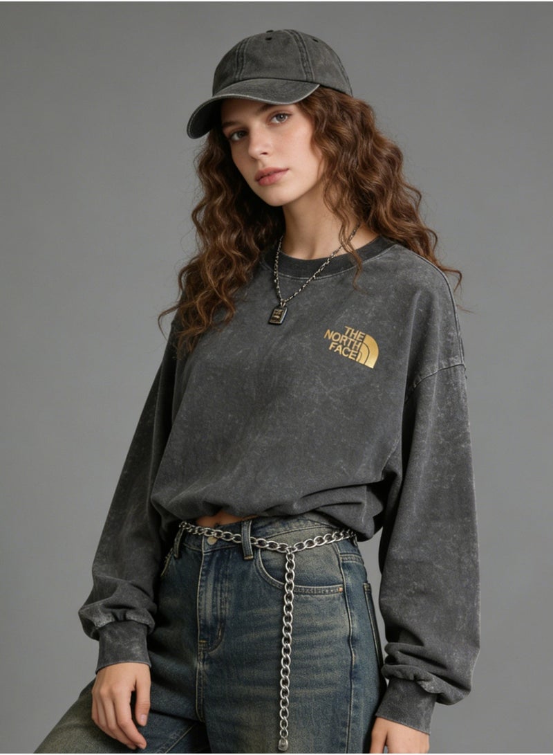 THE NORTH FACE 2026 The North Face retro washed unisex T-shirt with round neck, high-quality thick cotton loose T-shirt pullover with gold logo, retro street clothes for men and women. - Image 4